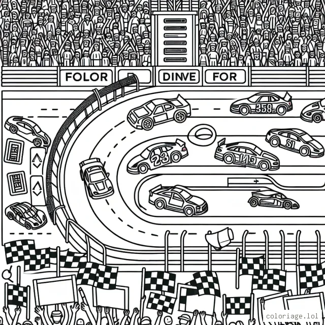Dessine une scène animée d'un circuit de voiture avec des voitures de course colorées, un public enthousiaste, et des panneaux publicitaires autour.