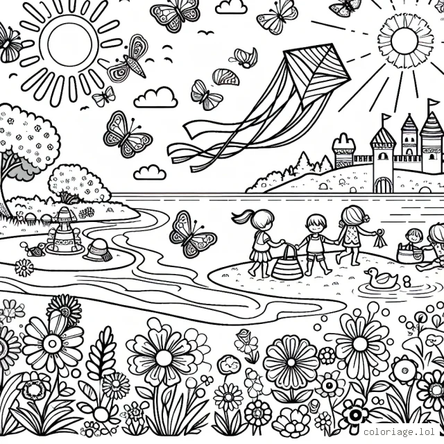 Imagine un paysage idyllique d'été. Pense à un grand soleil radieux, des papillons batifolant parmi les fleurs colorées, des enfants riant et jouant sous un ciel bleu clair avec des cerfs-volants. Dans le coin, un château de sable élaboré est en construction à côté d'un lac miroitant, où des canards nagent paisiblement.