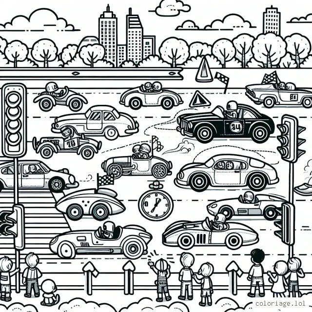 Montre une scène de course de voitures avec différents types de voitures comme les voitures de course, les voitures anciennes, les voitures électriques et les voitures de sport. Assurez-vous d'inclure différents éléments tels que les signaux de circulation, les panneaux d'arrêt, les feux de signalisation et la foule qui regarde la course de loin.