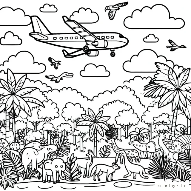 Imagine un avion traversant un ciel parsemé de nuages. Il survole une jungle luxuriante, peuplée de nombreux animaux.