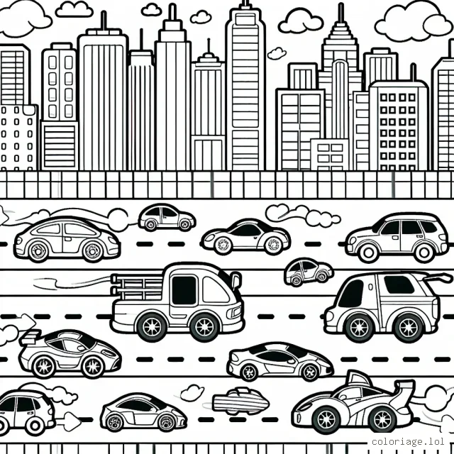 Imaginer une grande course de voitures avec des modèles variés dans une ville animée