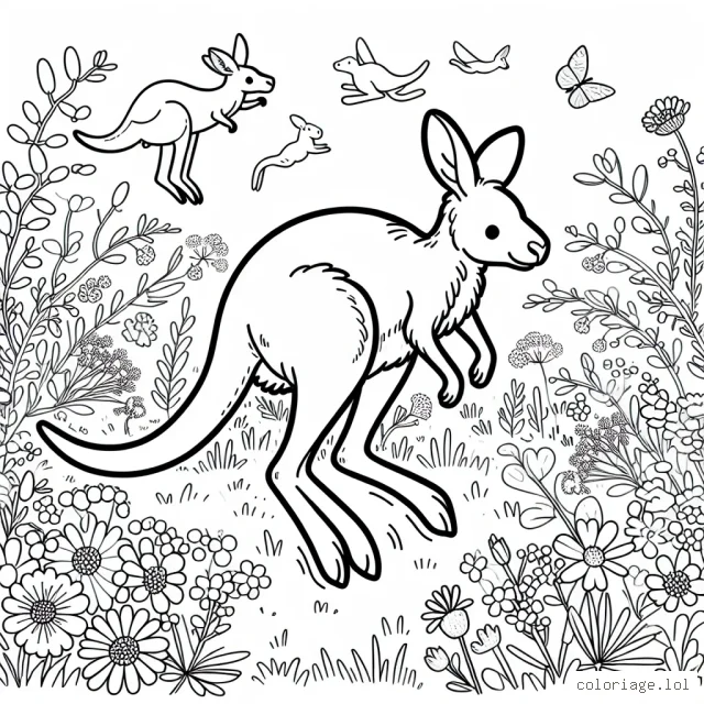 Les kangourous sautent dans un paysage de prairie australienne parsemé de fleurs sauvages