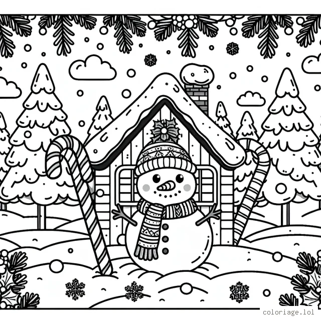 Un chalet en sucre d'orge au milieu d'une forêt de sapins enneigés, avec un bonhomme de neige portant une écharpe arc-en-ciel et une couronne de houx. Des flocons de neige tombent doucement du ciel.