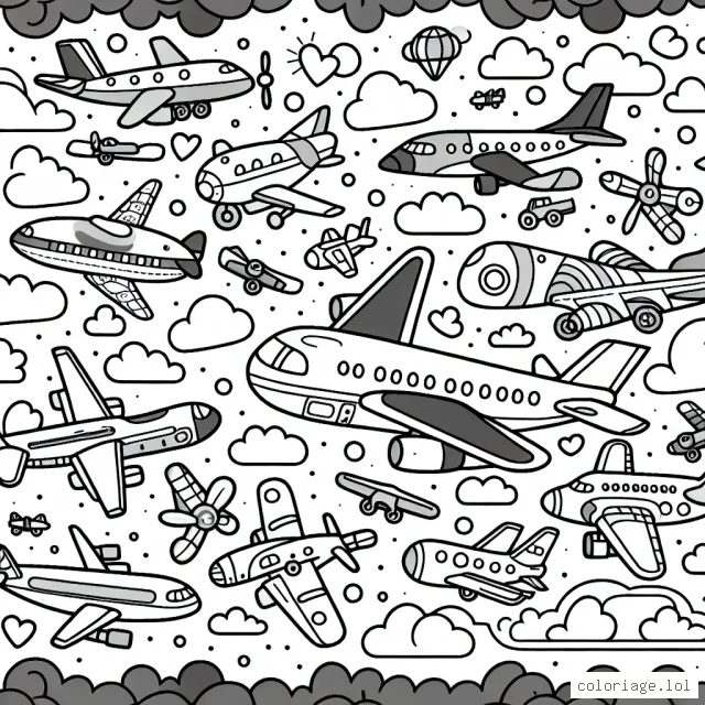 Conception d'une scène aérienne avec différents types d'avions à colorier.