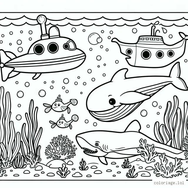 Nous explorons les profondeurs de l'océan! Dessine et colore un sous-marin jaune, une baleine bleu majestueuse, un requin gris effrayant et un trésor caché au fond de l'océan.