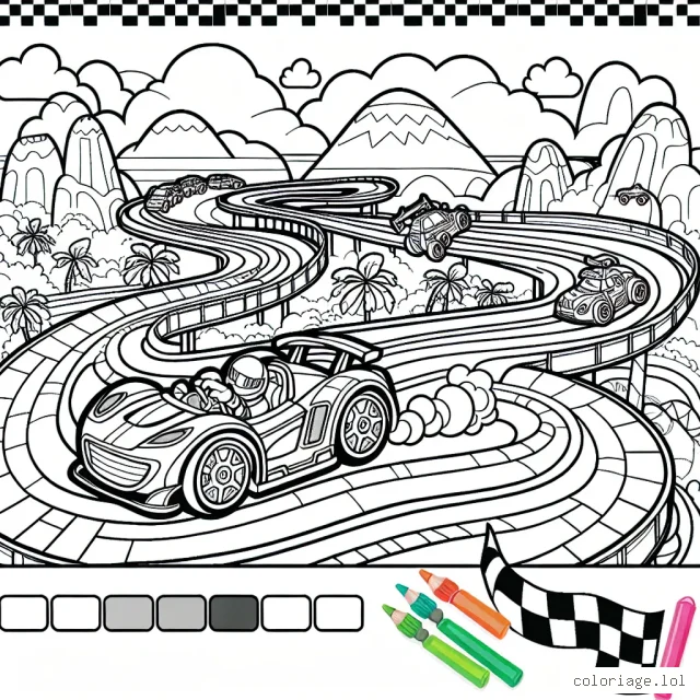 Un dessin présentant une course de voitures animée sur un circuit vif et coloré, rempli d'obstacles délicats, de courbes intrigantes et de paysages magnifiques. Les voitures sont dotées de détails uniques et le circuit présente différentes scènes passionnantes. À vous de compléter cette scène avec vos couleurs préférées!