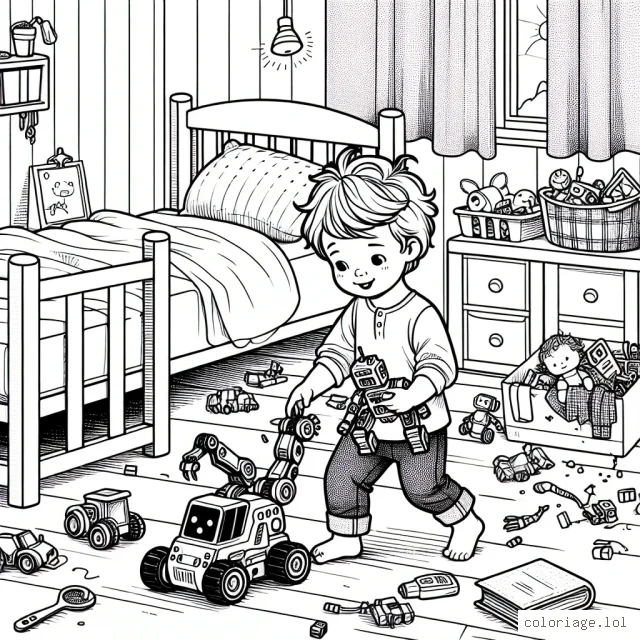 Un petit garçon avec ses jouets robotiques dans sa chambre en désordre