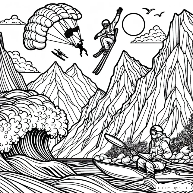 Sur un décor impressionnant de montagnes rocheuses, un skieur s'exerce à des sauts périlleux. A côté, un parachutiste s'apprête à s'élancer dans le vide depuis le sommet d'une falaise. En bas, un kayakiste défie les rapides d'un torrent tumultueux. Sur la crête d'une vague immense, un surfeur tente de maintenir son équilibre.