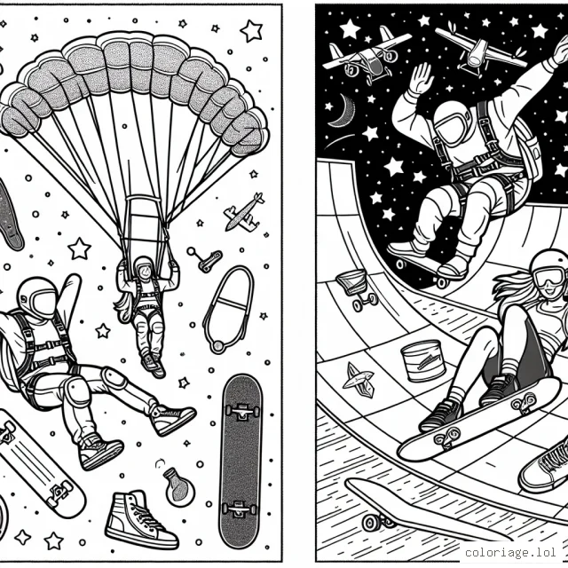 Un athlète fait du parachutisme à travers un ciel étoilé, tandis qu'un autre fait du skateboard sur une demi-lune en dessous. Autour d'eux, se trouvent des équipements de sports extrêmes : casques, genouillères, planches de surf, vélos de montagne...