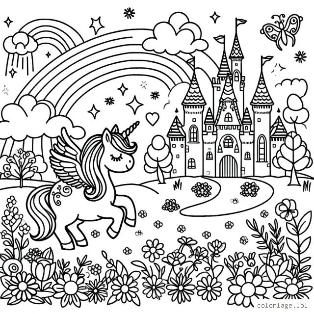 Imagine un royaume enchanté avec une licorne ailée, un château de conte de fées et un jardin plein d'arcs-en-ciel et de fleurs multicolores.