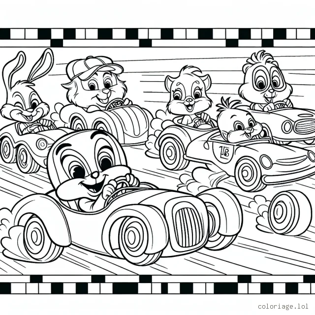 Dessine une course de voitures comique avec des personnages animaux en tant que pilotes