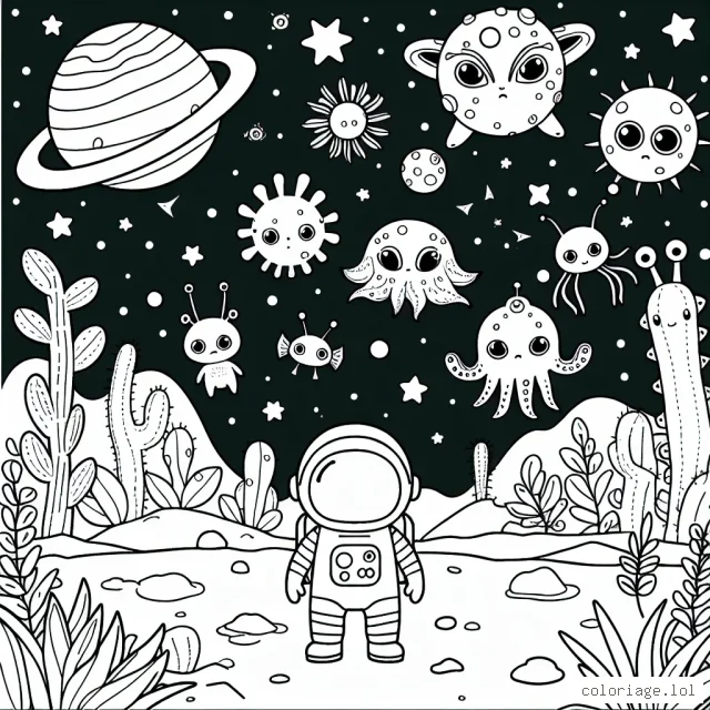 Un petit astronaute explore une planète lointaine peuplée d'étranges créatures amicales et de plantes extraterrestres