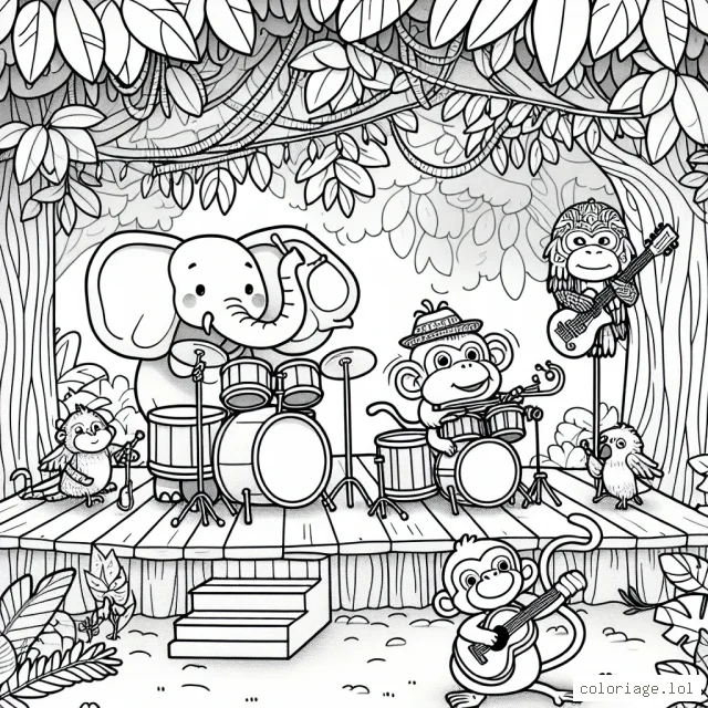 Un groupe d'animaux musiciens préparant un concert dans la jungle