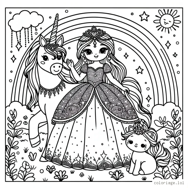 Un pays magique et féerique où les licornes, princesses et d'adorables animaux sont les meilleurs amis. La princesse porte une magnifique robe à paillettes et la licorne a une crinière multicolore.
