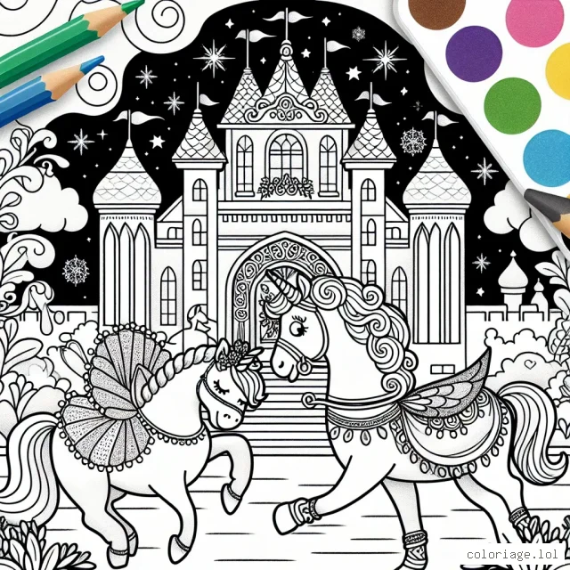 C'est le jour du ballet! La princesse Danseuse Étoile se prépare pour son grand spectacle au palais enchanté, accompagnée de son fidèle destrier licorne. Hauts en couleur, tout dans cette scène attend à être animé par tes couleurs! Prépare ta palette et entre dans l'univers de la danse! Comment vas-tu colorier leur univers?