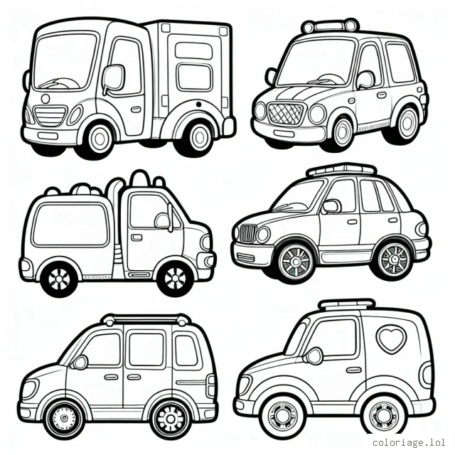 Dessine une série de voitures différentes, chaque voiture étant spécifique à une marque. Pour chaque voiture, tu devras précisément colorier les logos, les phares et les roues en suivant les codes couleurs des marques.