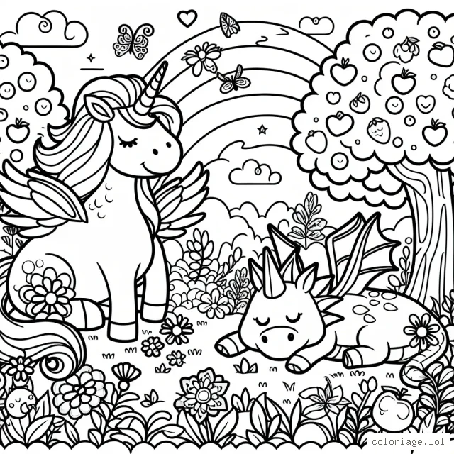 Imaginez et coloriez un monde féerique dans lequel vivent une gentille licorne qui a des ailes éclatantes et un dragon amical, tous deux se reposant dans un jardin luxuriant rempli de fleurs vibrantes et d'arbres fruitiers.