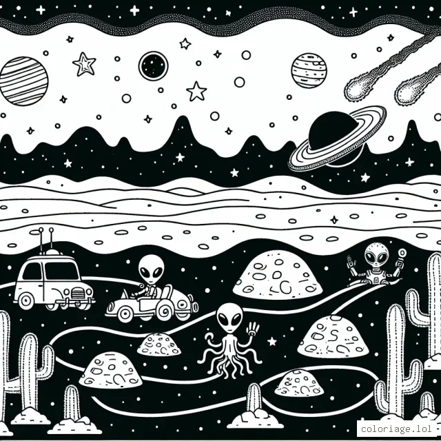 Une course de voitures intergalactique avec des extraterrestres, sur une planète parsemée de cratères sous un ciel étoilé.