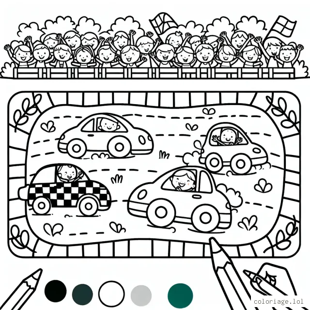Dessinez une grande course de voitures colorées avec des spectateurs plein de joie dans le fond