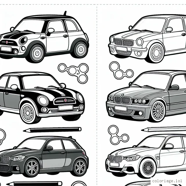 Chaque page représente une voiture d'une marque différente, telle que Fiat, BMW, Audi, et bien d'autres. L'enfant doit utiliser sa créativité et ses talents artistiques pour donner vie à ces voitures.