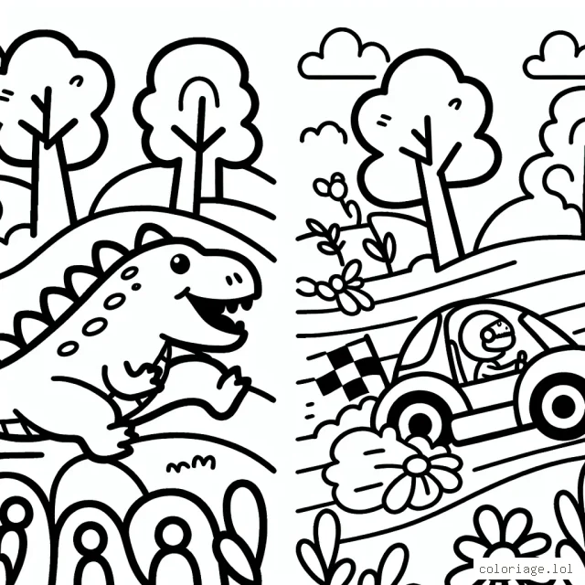 Dans ce dessin tu pourras tracer et colorier une course effrénée entre un dinosaure à la poursuite d'une voiture de course. Vroom vroom !