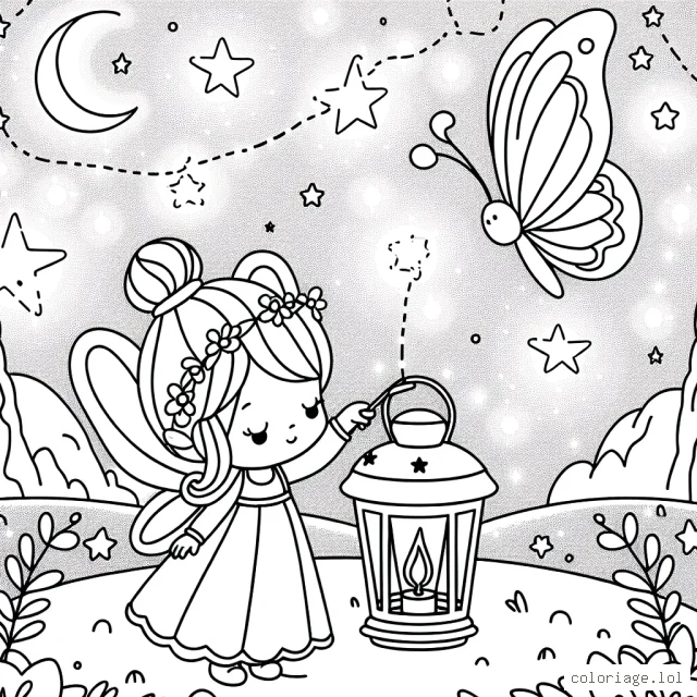 Une jolie petite fée allumant une lanterne sous la nuit étoilée, avec un papillon coloré la survolant.