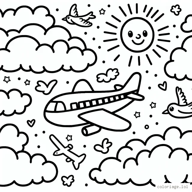 Un avion dans les airs avec des nuages, un soleil souriant et des oiseaux volant autour.