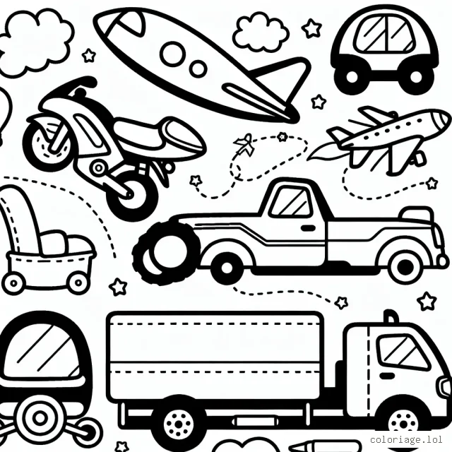 Crée un coloriage pour enfant de véhicules (moto, voiture, camion, avion)