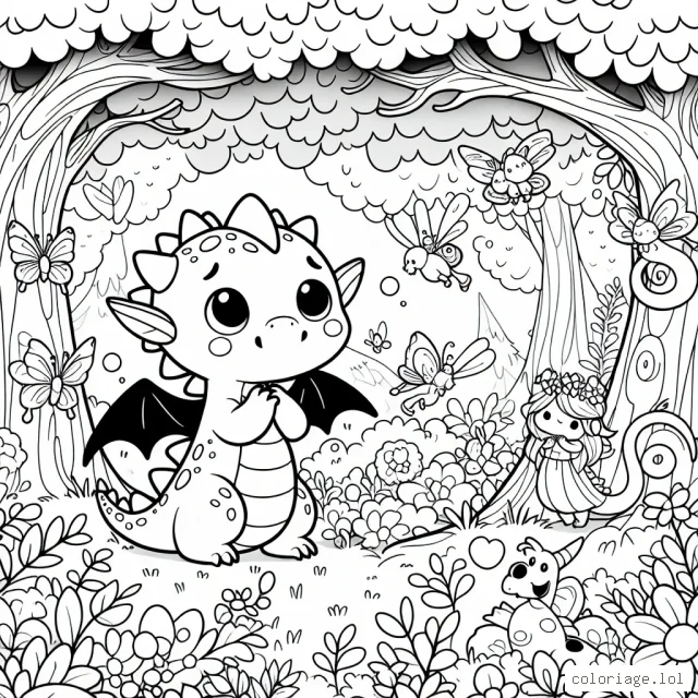 Illustration mignonne d'un petit dragon qui joue à cache-cache dans une forêt magique peuplée de fées et de créatures enchantées.