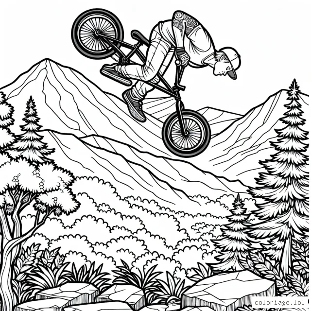 Dessine un athlète accomplissant des acrobaties spectaculaires sur un vélo de BMX sur les pentes accidentées d'une montagne. Il y a des rochers, des arbres et un magnifique paysage en arrière-plan. Assure-toi de capturer l'excitation et l'adrénaline de ce sport extrême!
