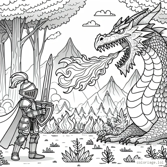 Un petit chevalier courageux face à un grand dragon qui crache du feu dans une forêt magique.