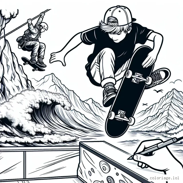 Un adolescent en skateboard exécutant un impressionnant trick de saut dans un skatepark, avec en arrière-plan un montagnard suspendu au flanc d'une montagne faisant de l'escalade et un surfeur naviguant sur une vague géante.