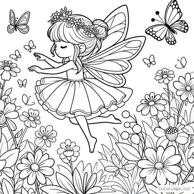 Une petite fée gracieuse flottant parmi les fleurs et papillons dans un paysage printanier enchanteur