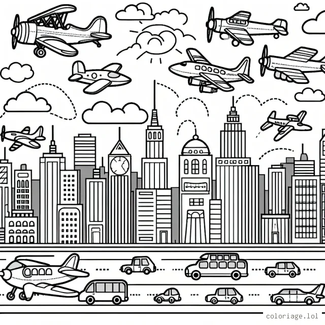 Un spectacle aérien avec des avions de différents modèles et époques survolant une grande ville animée. C'est une journée ensoleillée avec quelques nuages.