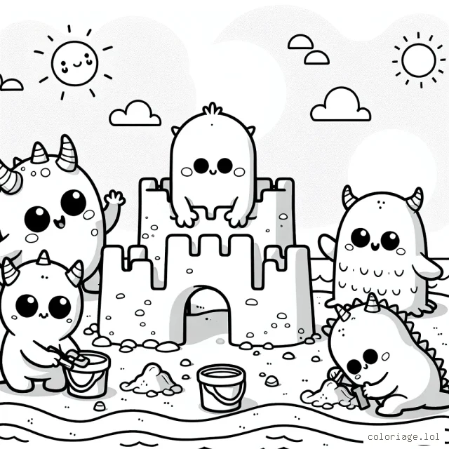 Un groupe de mignons petits monstres essaie de construire leur propre château de sable sur une plage ensoleillée.