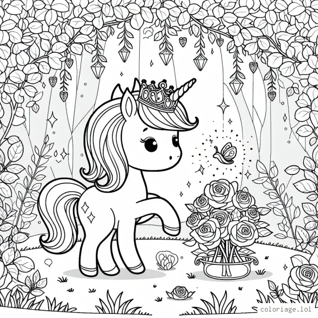 Une petite licorne magique jouant dans un jardin de roses enchanté