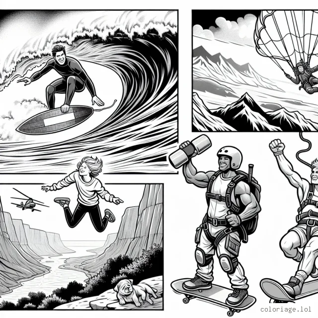 Des athlètes audacieux pratiquent différents sports extrêmes. Il y a un surfeur qui défie de grandes vagues, un skateur qui effectue des figures impressionnantes sur sa rampe, un parachutiste qui plonge vers la terre et un grimpeur qui se hisse sur une paroi rocheuse abrupte.