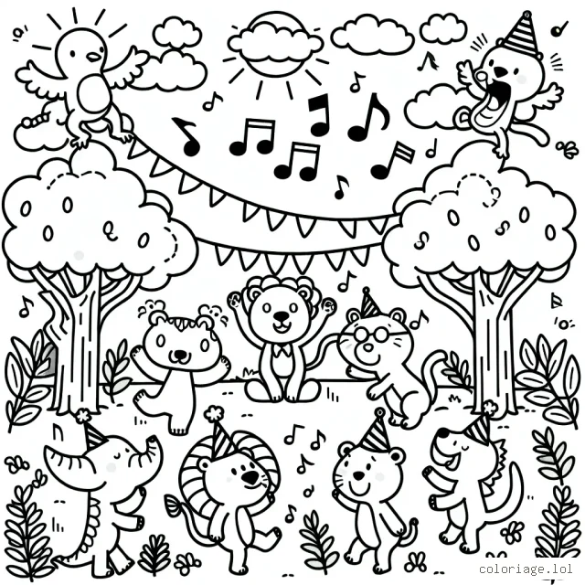 Une fête joyeuse dans la jungle avec des animaux jouant de la musique