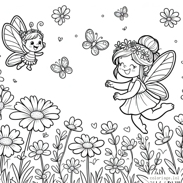 Une petite fée s'amuse à jouer avec ses amis papillons dans une prairie fleurie.