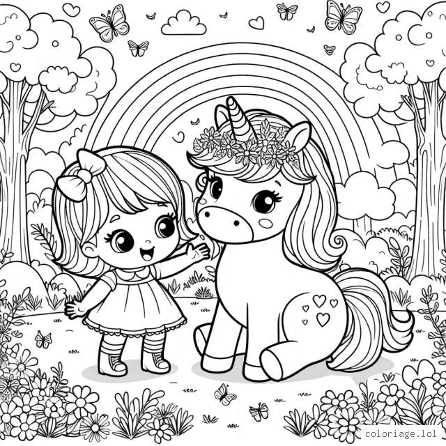 Une petite fille joue affectueusement avec son adorable licorne dans une forêt enchantée, remplie de papillons et d'arc-en-ciel.