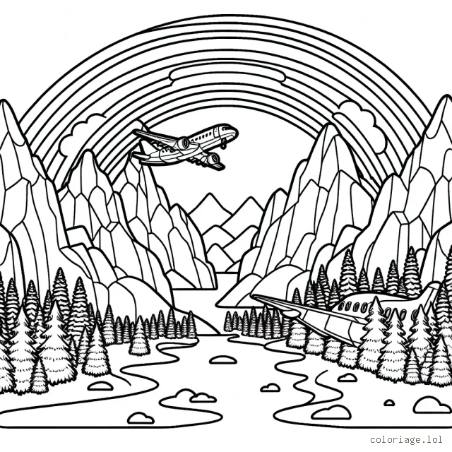 Un avion volant au-dessus des montagnes, avec un arc-en-ciel dans le clair ciel bleu en arrière-plan. L'avion est d'une conception complexe, avec de beaux détails sur les ailes et le corps. Les montagnes sont rocheuses et majestueuses, avec une forêt luxuriante au pied des montagnes. Il y a un bel arc-en-ciel avec les sept couleurs vives détaillées. Les enfants pourront utiliser tout un éventail de couleurs pour donner vie à ce paysage.