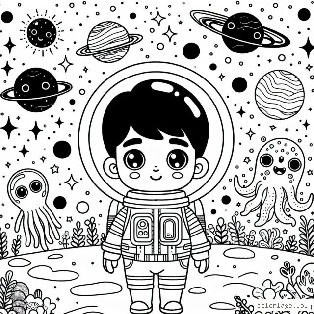 Un jeune astronaute curieux traversant une galaxie éblouissante remplie de planètes colorées et d'étranges créatures extraterrestres.