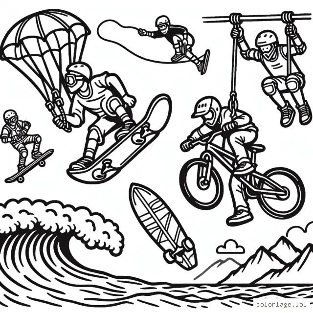Imaginez une scène dynamique et exaltante de sports extrêmes, comprenant du skateboard, du BMX, du surf et du saut à l'élastique.