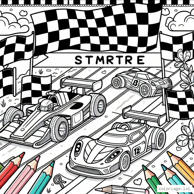 Pour ce coloriage, tu as une aventure passionnante à colorer ! Imagine que tu es au volant d'une course de voiture palpitante. Tu as une ligne de départ, des voitures de course colorées et même un drapeau à damier à l'arrivée. Prends tes crayons et montre-nous comment tu vois cette course sensationnelle !