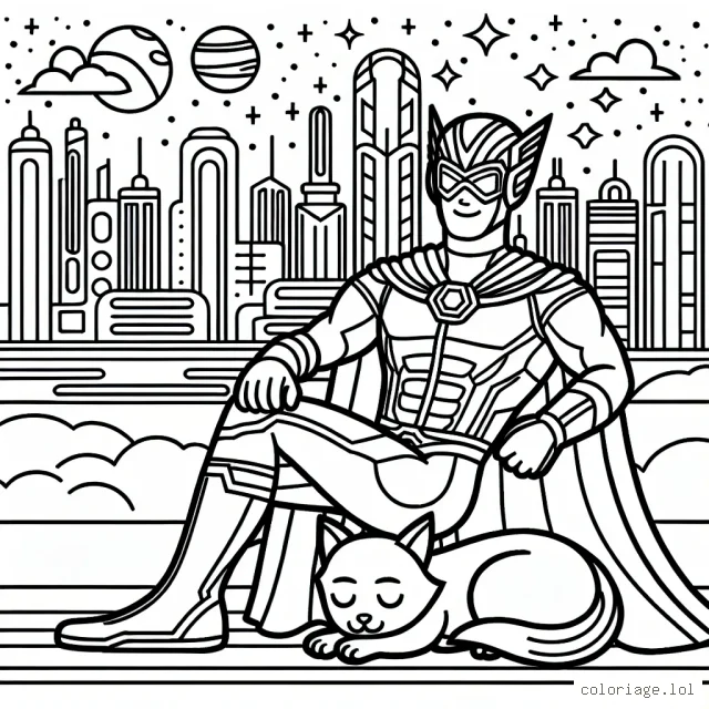 Imagine un super-héros unique avec un costume de couleur vive, un animal de compagnie fantastique à ses côtés et un arrière-plan constitué d'une ville futuriste.