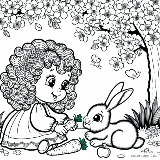 Une petite princesse aux cheveux bouclés s'est accroupie pour donner une carotte à son lapin préféré sous un cerisier en fleurs.
