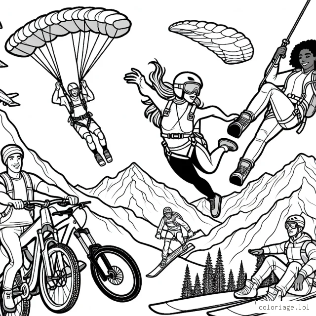 Imaginez une scène dynamique remplie d'action où différentes personnes pratiquent divers sports extrêmes dans un paysage de montagne fougueux. Cela comprend le parachutisme, l'escalade, le VTT, le snowboard et le kayak en eaux vives.