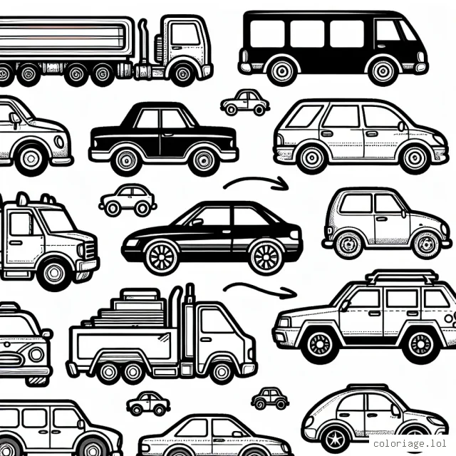 Dessine une collection de voitures distinctes, chacune représentant une marque automobile célèbre. Assure-toi d'inclure les modèles iconiques de chaque marque pour que les enfants puissent reconnaître et colorier leurs voitures préférées.