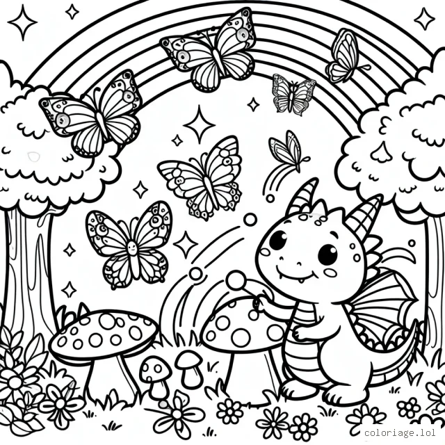Dans une clairière de la forêt enchantée, Mini-Dragon joue avec des papillons magiques. Ils sautent sur les champignons, volent entre les arcs-en-ciel et partagent des éclats de rire avec leurs autres amis de la forêt.