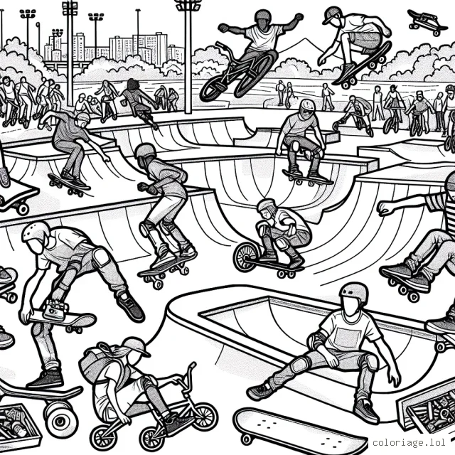Un skatepark bondé avec différents sportifs effectuant des tricks spectaculaires